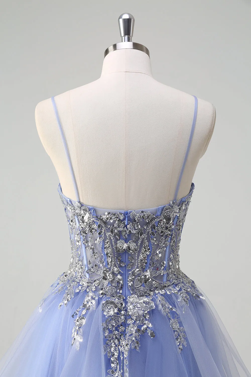 Sparkly Sequins Light Blue A Line Spaghetti Straps Long Prom Dress with Spiral Ruffles sold by Zapaka product image thumbnail 5