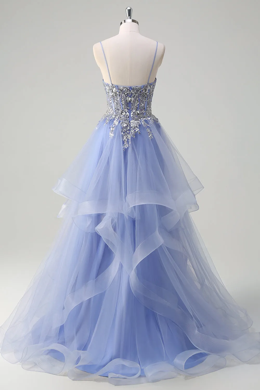 Sparkly Sequins Light Blue A Line Spaghetti Straps Long Prom Dress with Spiral Ruffles sold by Zapaka product image thumbnail 2