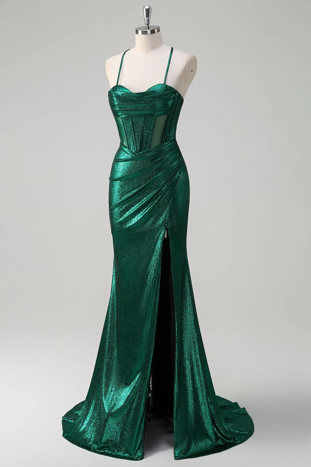 Glitter Dark Green Mermaid Corset Ruched Metallic Prom Dress with Slit sold by Zapaka product image thumbnail 3