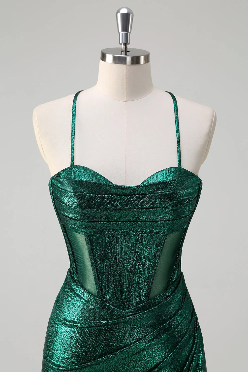 Glitter Dark Green Mermaid Corset Ruched Metallic Prom Dress with Slit sold by Zapaka product image thumbnail 4