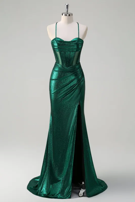 Glitter Dark Green Mermaid Corset Ruched Metallic Prom Dress with Slit sold by Zapaka