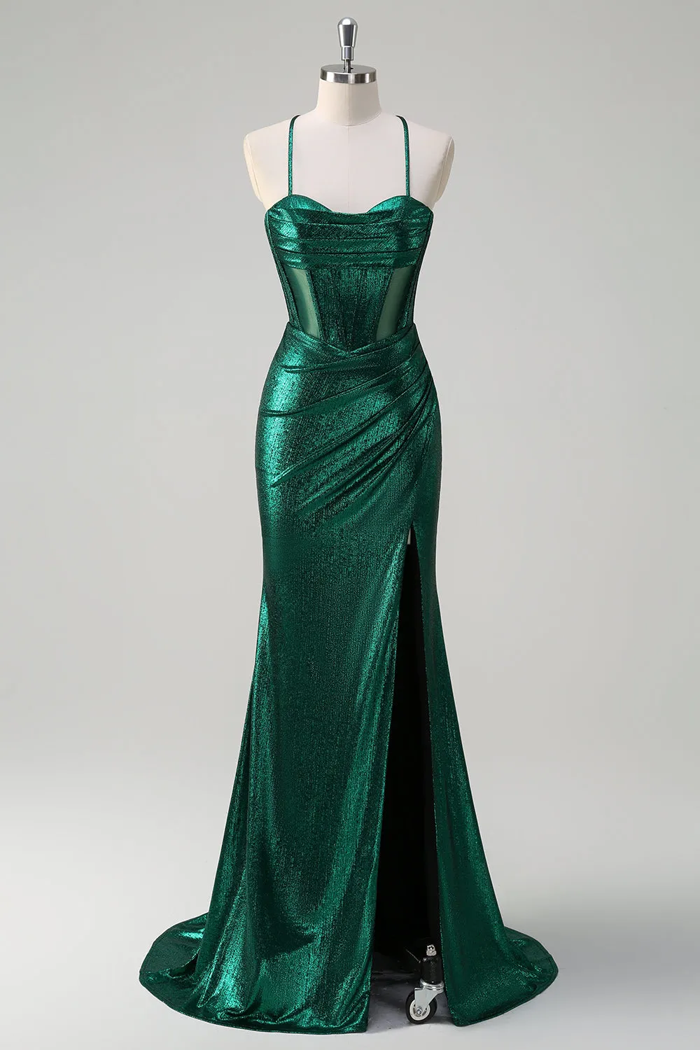 Glitter Dark Green Mermaid Corset Ruched Metallic Prom Dress with Slit sold by Zapaka