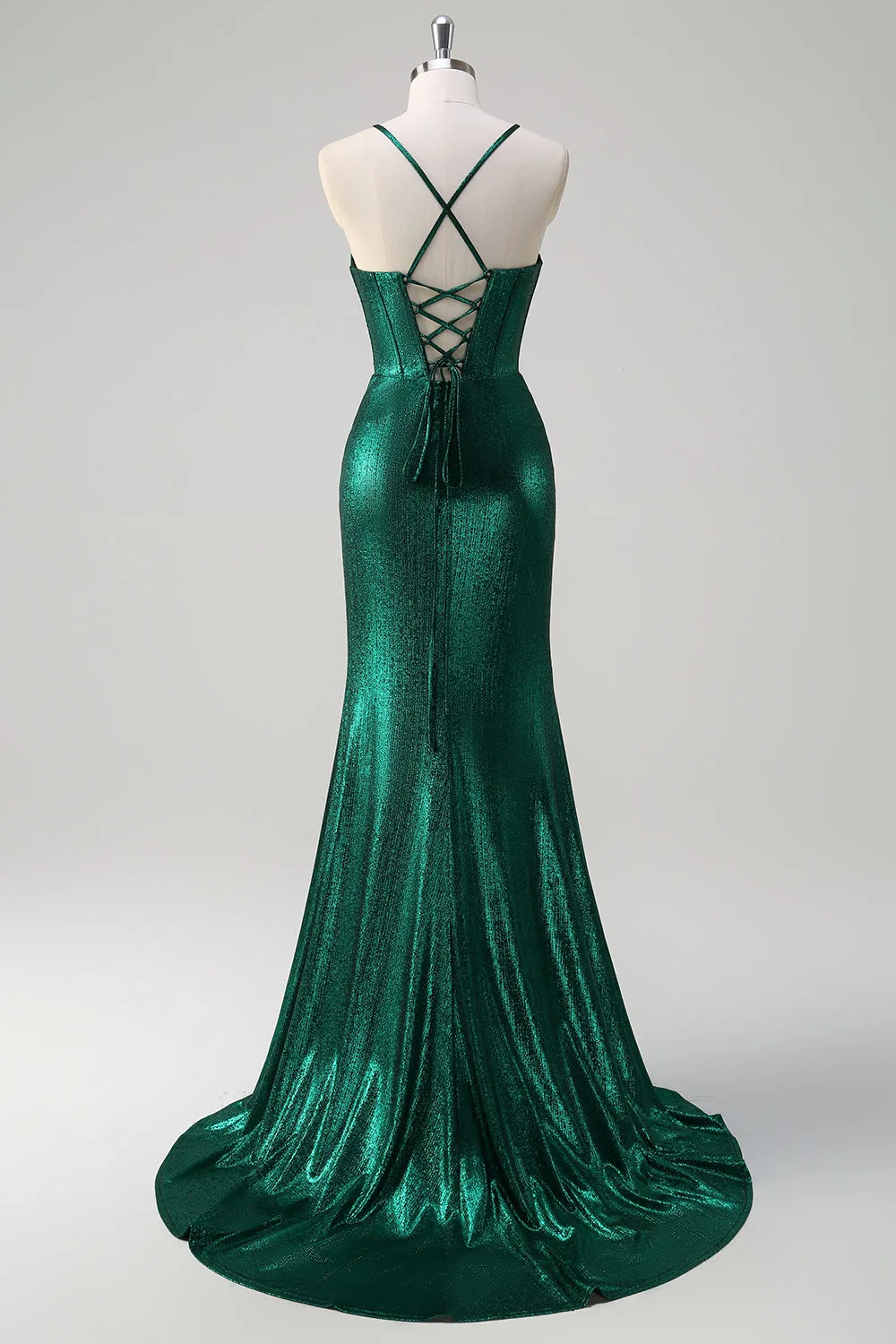 Glitter Dark Green Mermaid Corset Ruched Metallic Prom Dress with Slit sold by Zapaka product image thumbnail 2