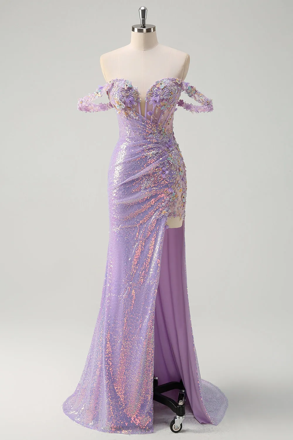 Sparkly Light Purple Mermaid Off The Shoulder Sequin Prom Dress with Slit sold by Zapaka