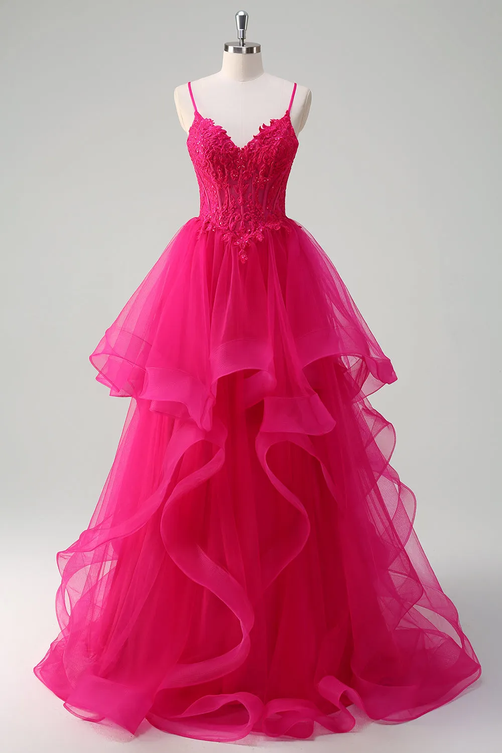 Hot Pink Appliques Corset Spaghetti Straps A Line Spiral Ruffles Prom Dress sold by Zapaka
