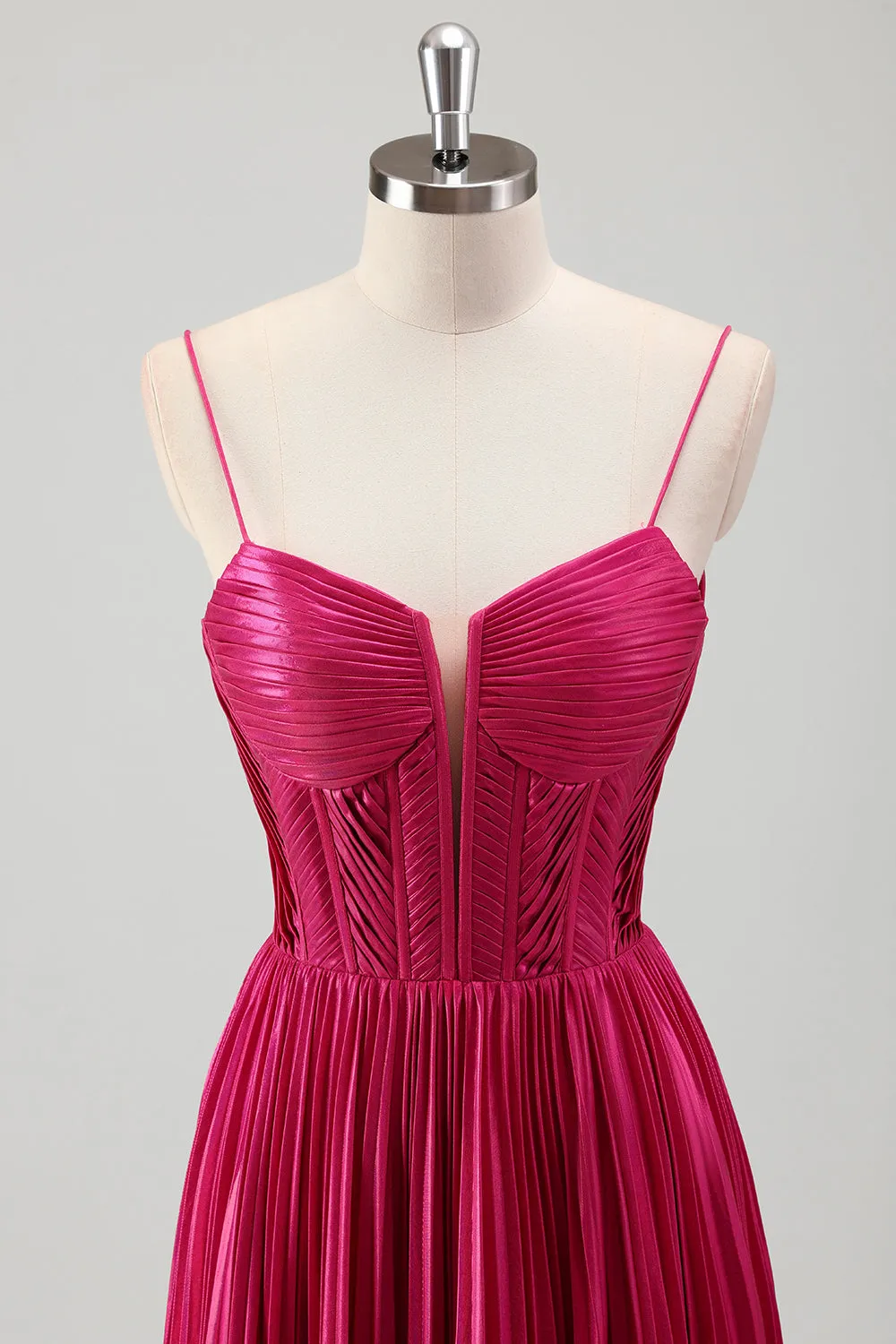 Fuchsia A Line Spaghetti Straps Corset Pleated Prom Dress with Lace Up Back sold by Zapaka product image thumbnail 4
