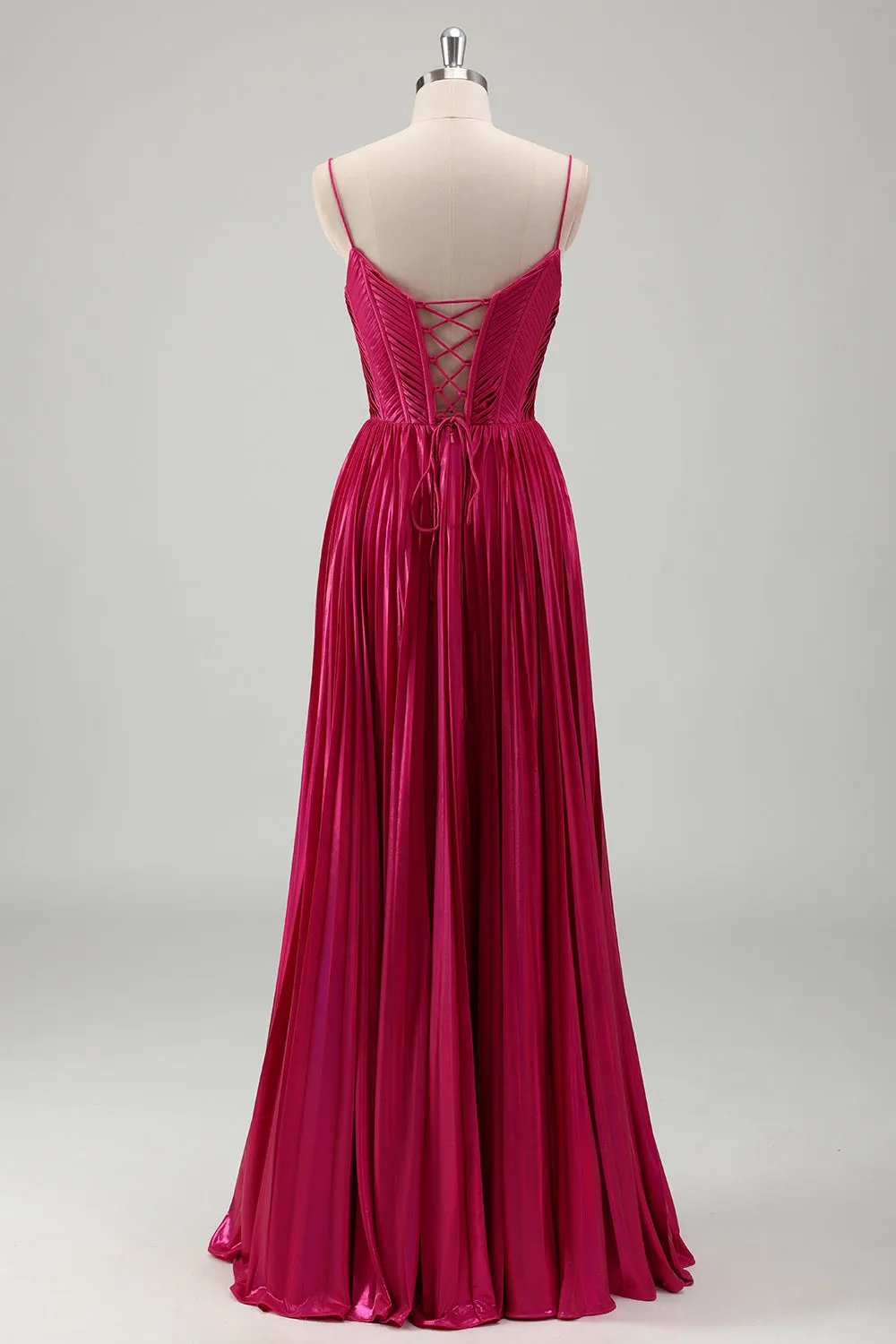 Fuchsia A Line Spaghetti Straps Corset Pleated Prom Dress with Lace Up Back sold by Zapaka product image thumbnail 2