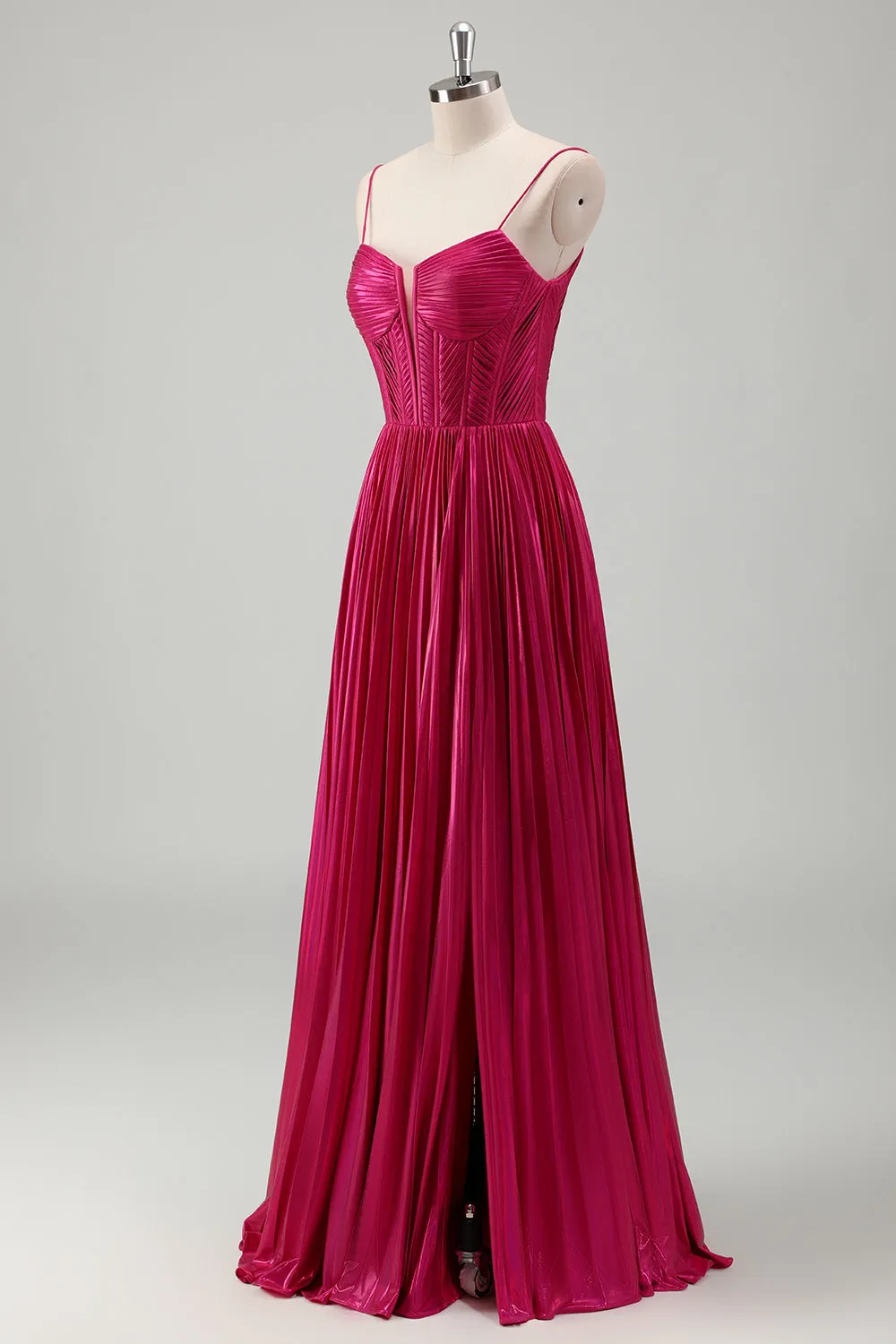 Fuchsia A Line Spaghetti Straps Corset Pleated Prom Dress with Lace Up Back sold by Zapaka product image thumbnail 3