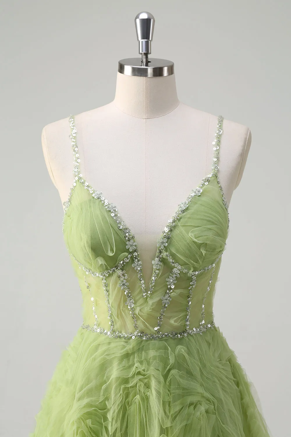 Sparkly Sequins Green Princess Spaghetti Straps Ruched Long Prom Dress sold by Zapaka product image thumbnail 4