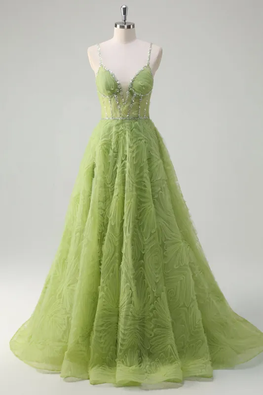 Sparkly Sequins Green Princess Spaghetti Straps Ruched Long Prom Dress sold by Zapaka