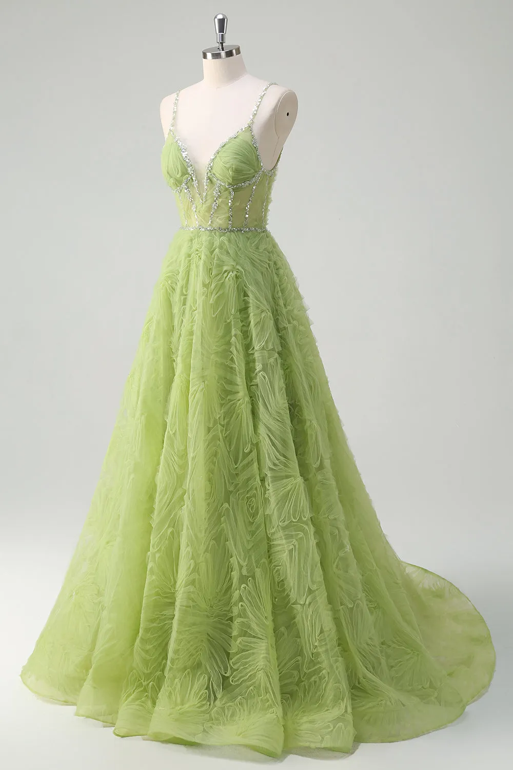 Sparkly Sequins Green Princess Spaghetti Straps Ruched Long Prom Dress sold by Zapaka product image thumbnail 3