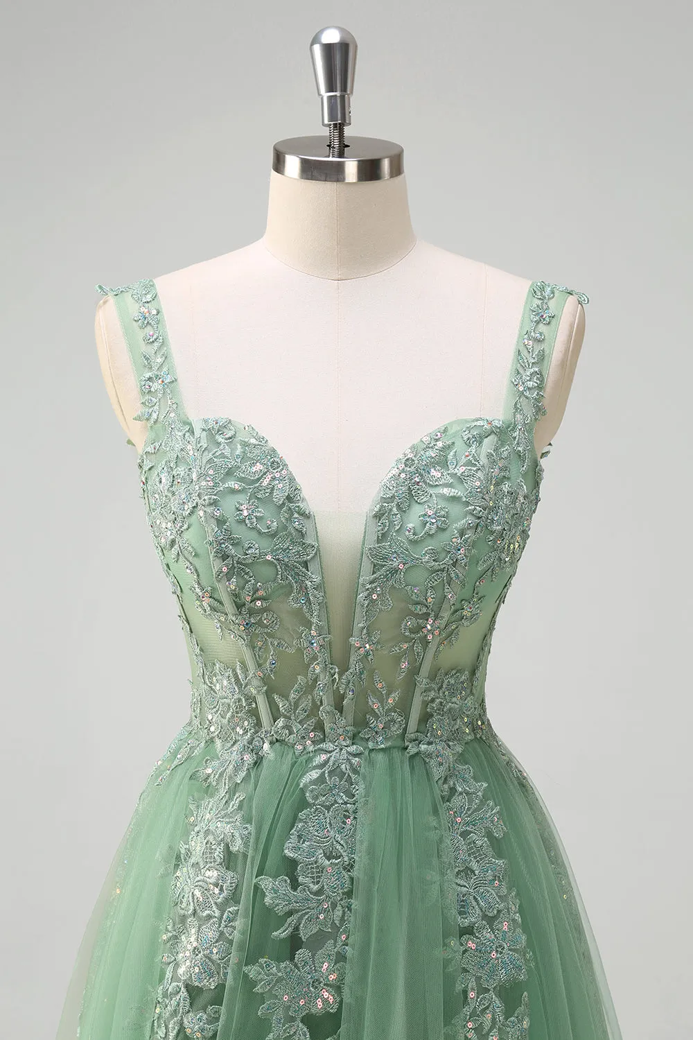 Green A-Line Spaghetti Straps Tulle Long Prom Dress with Appliques sold by Zapaka product image thumbnail 4