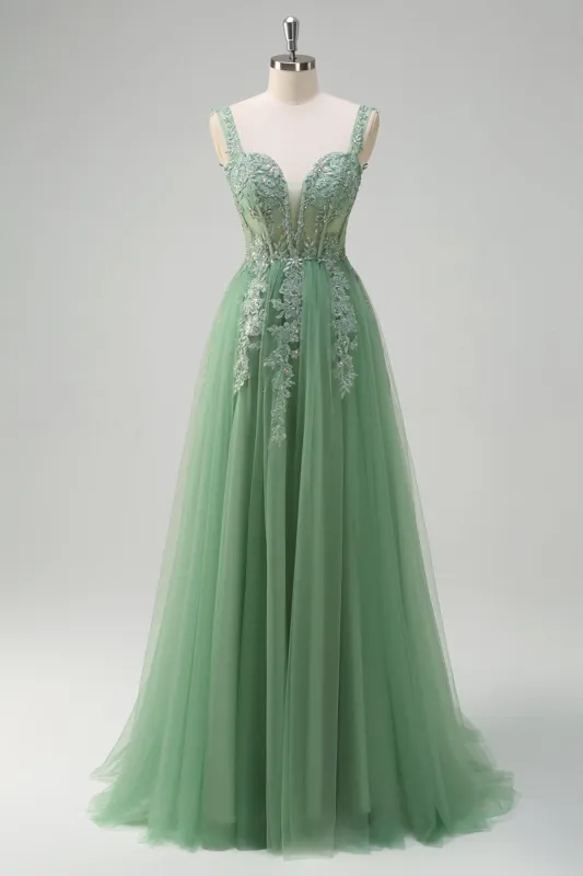 Green A-Line Spaghetti Straps Tulle Long Prom Dress with Appliques sold by Zapaka