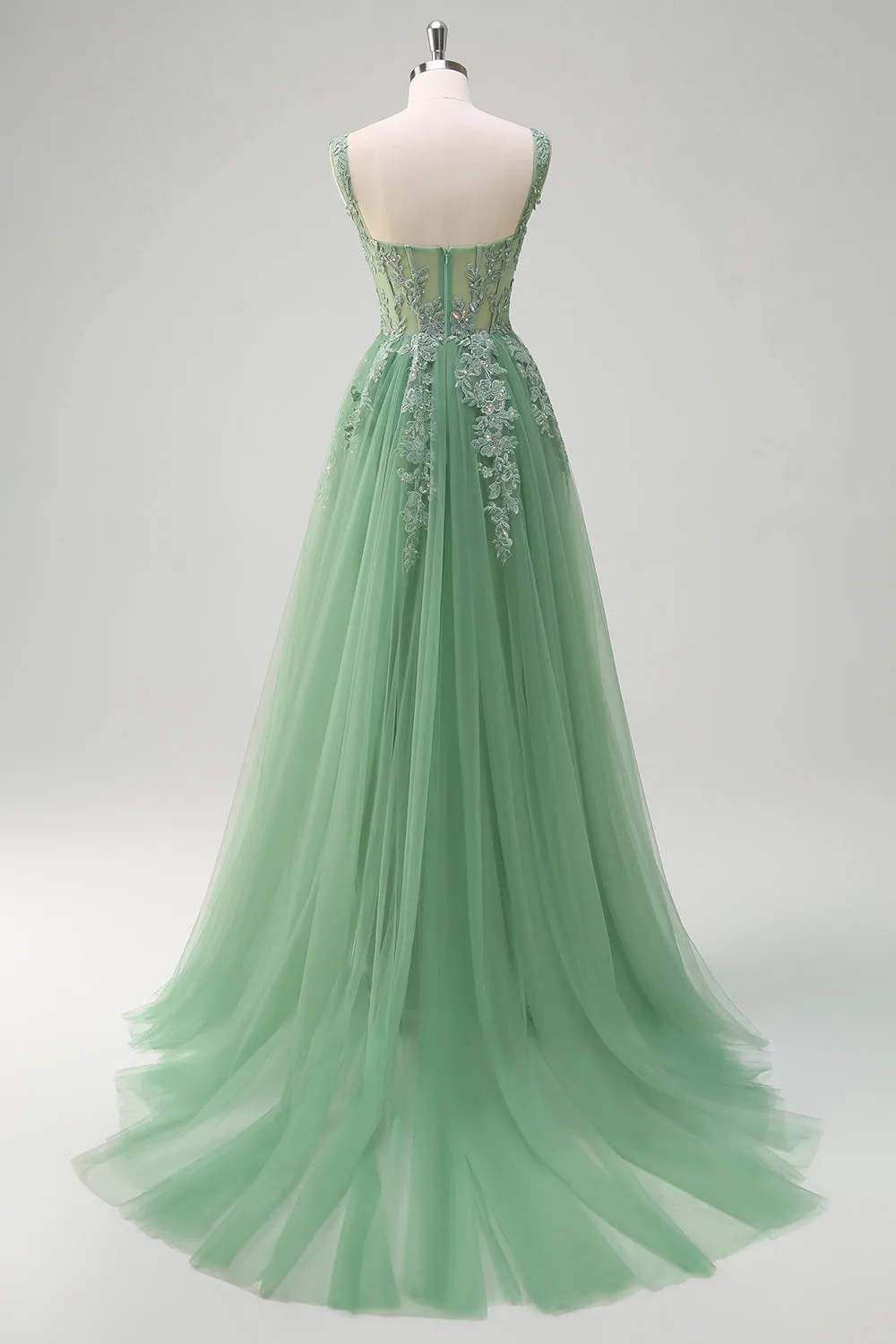 Green A-Line Spaghetti Straps Tulle Long Prom Dress with Appliques sold by Zapaka product image thumbnail 2