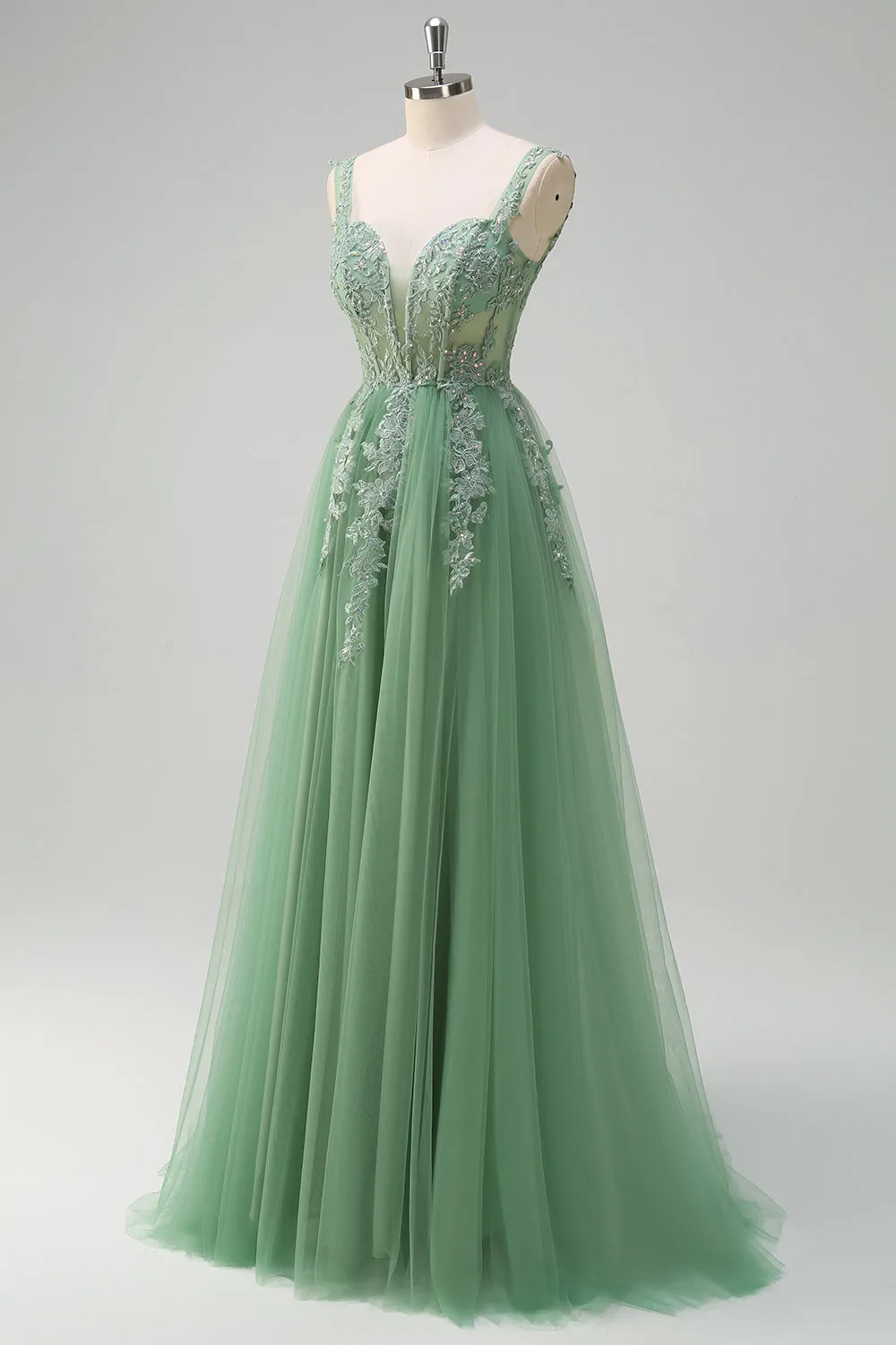 Green A-Line Spaghetti Straps Tulle Long Prom Dress with Appliques sold by Zapaka product image thumbnail 3
