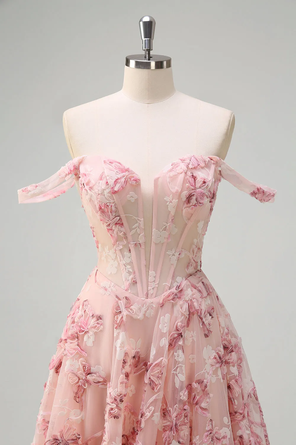 Pink Floral Off The Shoulder A-Line Corset Prom Dress with Slit sold by Zapaka product image thumbnail 4