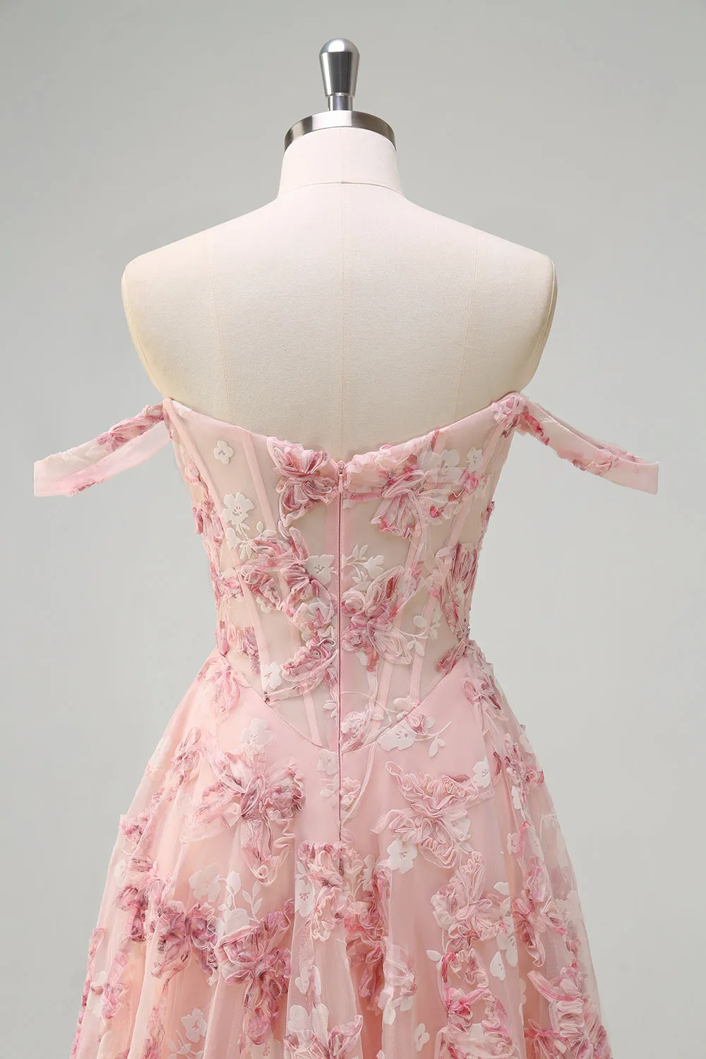 Pink Floral Off The Shoulder A-Line Corset Prom Dress with Slit sold by Zapaka product image thumbnail 5