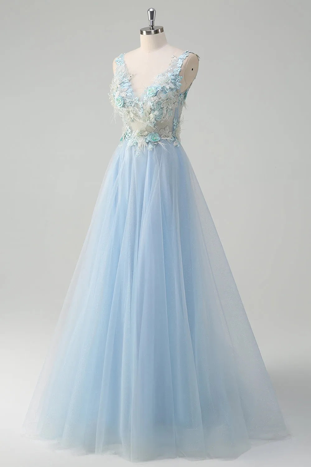 Light Blue Deep V-Neck Tulle A-Line Long Prom Dress with 3D Flowers sold by Zapaka product image thumbnail 3