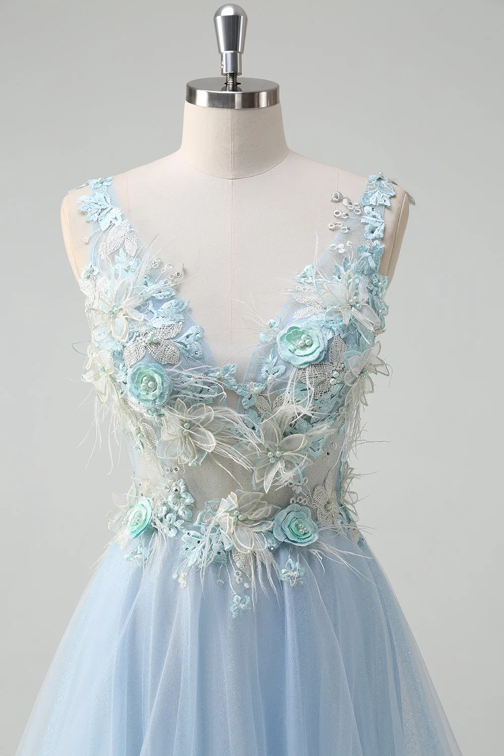Light Blue Deep V-Neck Tulle A-Line Long Prom Dress with 3D Flowers sold by Zapaka product image thumbnail 4