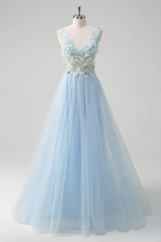 Light Blue Deep V-Neck Tulle A-Line Long Prom Dress with 3D Flowers sold by Zapaka