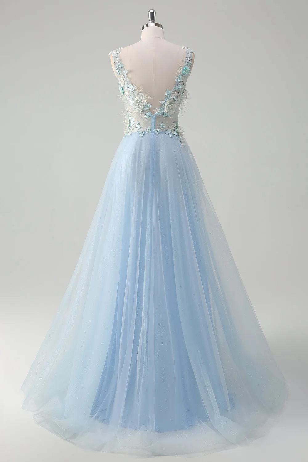 Light Blue Deep V-Neck Tulle A-Line Long Prom Dress with 3D Flowers sold by Zapaka product image thumbnail 2