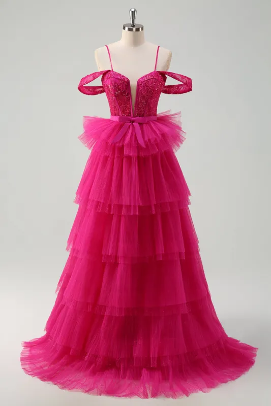 Hot Pink Cold Shoulder A-Line Tulle Tiered Long Prom Dress with Appliques sold by Zapaka