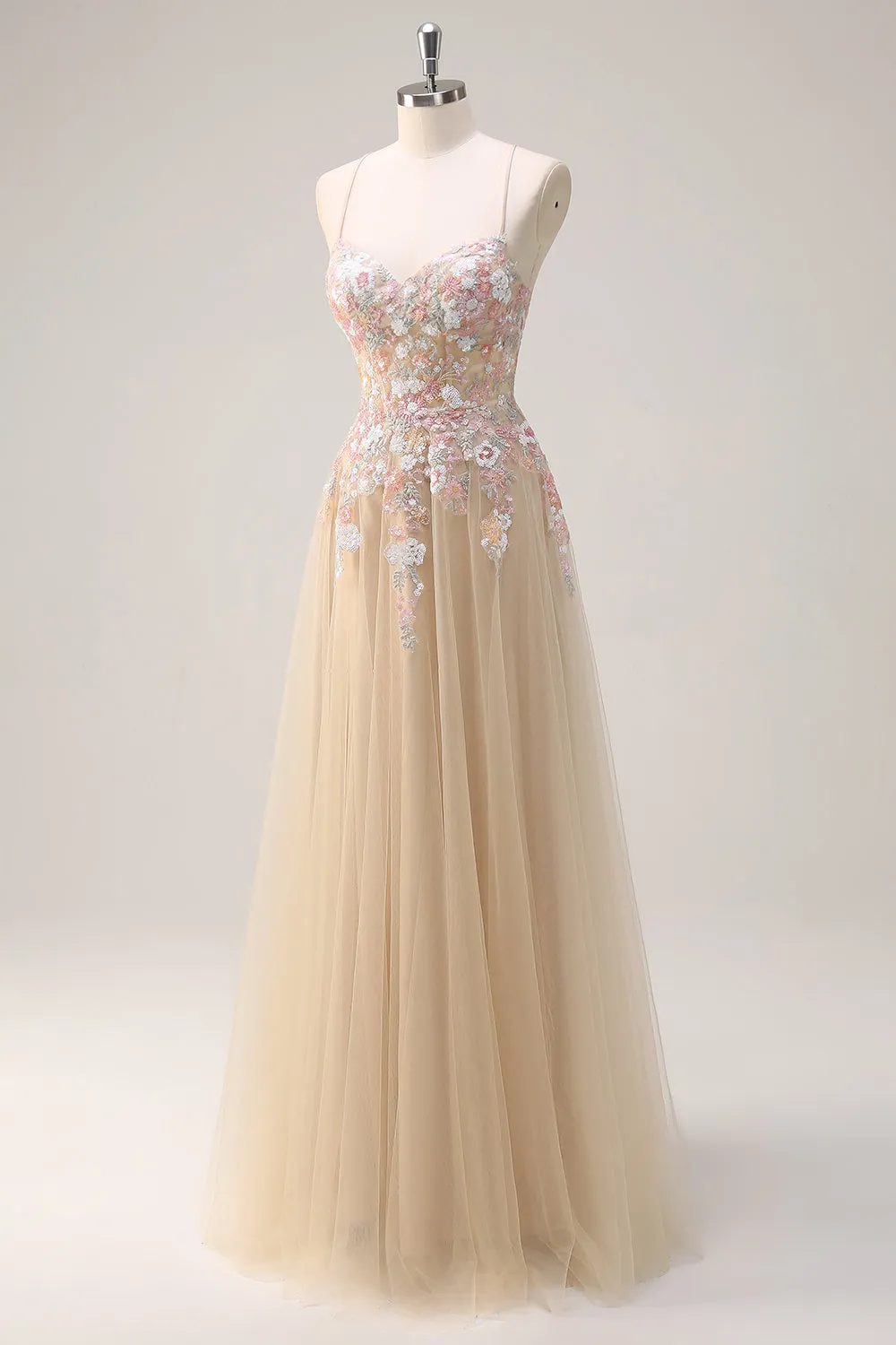 Sparkly Tulle Champagne A-Line Floral Sequin Prom Dress with Appliques sold by Zapaka product image thumbnail 3