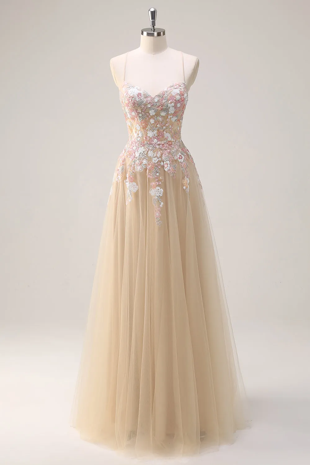 Sparkly Tulle Champagne A-Line Floral Sequin Prom Dress with Appliques sold by Zapaka
