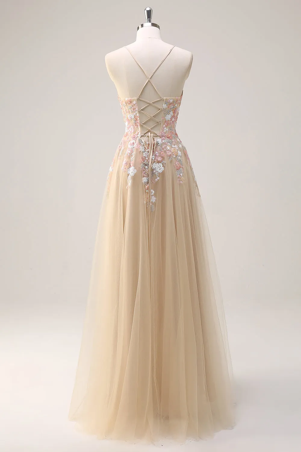 Sparkly Tulle Champagne A-Line Floral Sequin Prom Dress with Appliques sold by Zapaka product image thumbnail 2