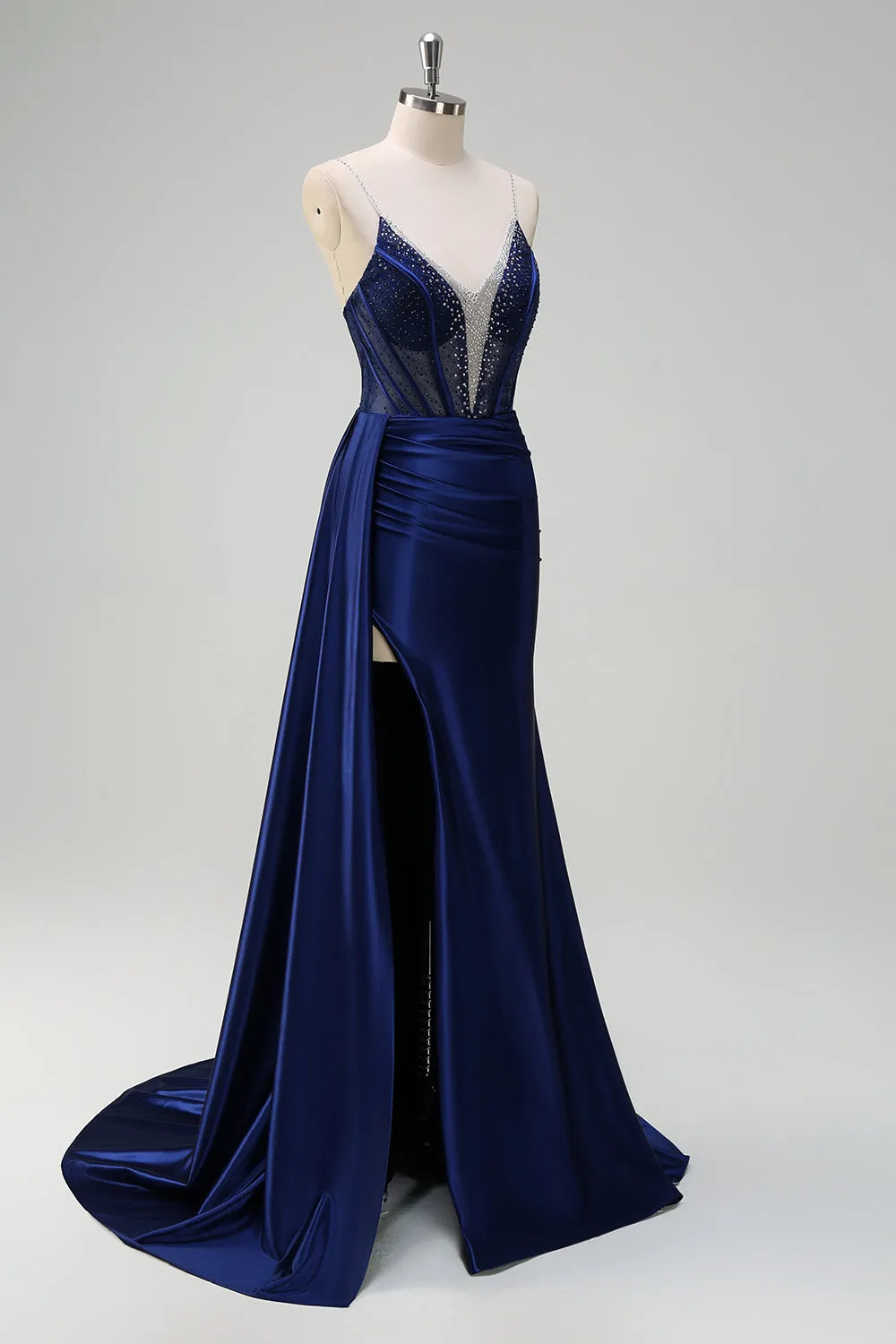 Navy Mermaid V-Neck Watteau Train Corset Beaded Prom Dress with Slit sold by Zapaka product image thumbnail 3