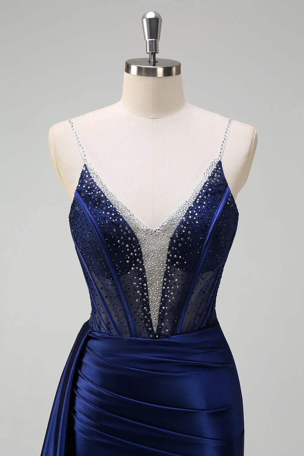 Navy Mermaid V-Neck Watteau Train Corset Beaded Prom Dress with Slit sold by Zapaka product image thumbnail 4