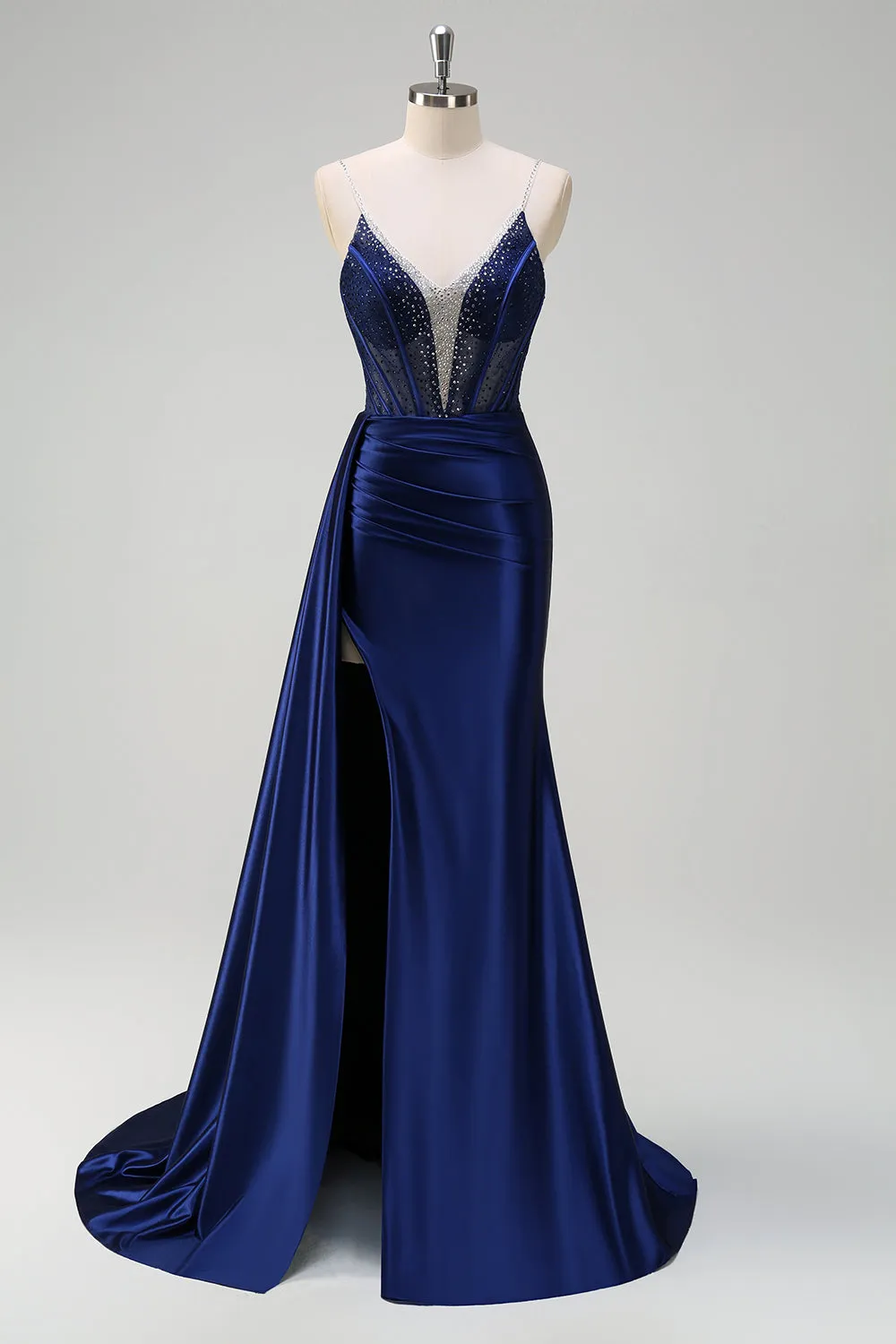 Navy Mermaid V-Neck Watteau Train Corset Beaded Prom Dress with Slit sold by Zapaka