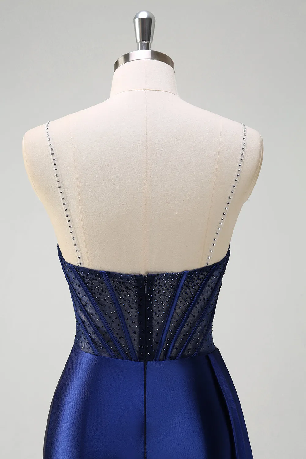 Navy Mermaid V-Neck Watteau Train Corset Beaded Prom Dress with Slit sold by Zapaka product image thumbnail 5