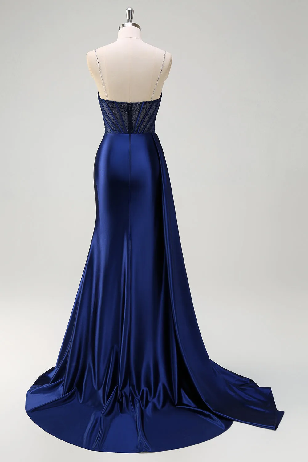 Navy Mermaid V-Neck Watteau Train Corset Beaded Prom Dress with Slit sold by Zapaka product image thumbnail 2