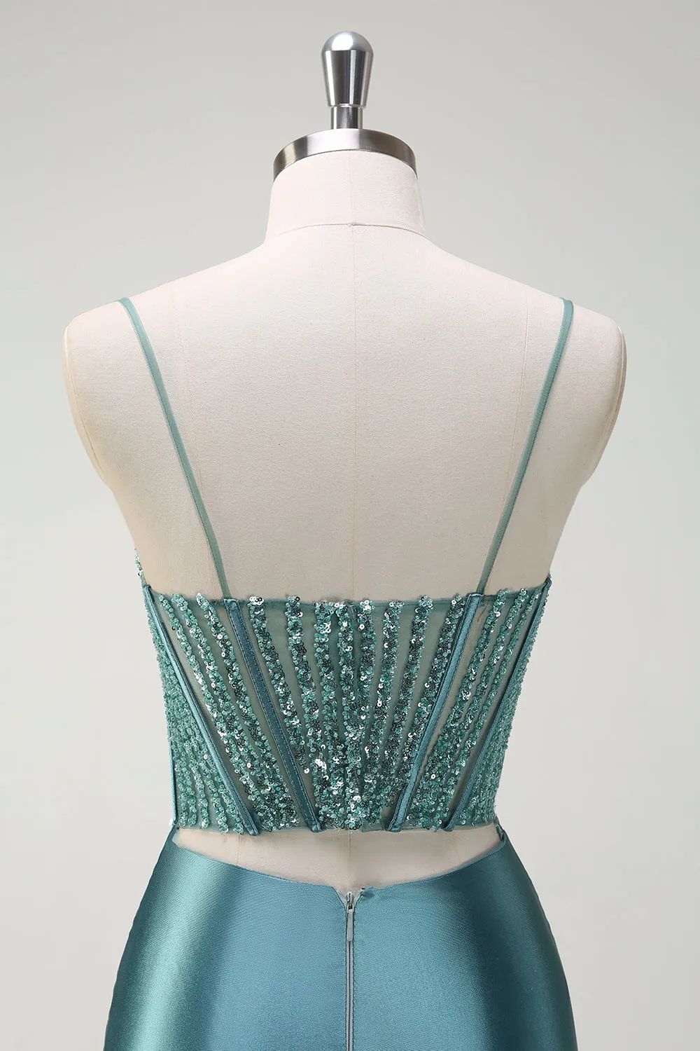 Sparkly Dusty Green Mermaid Spaghetti Straps Beaded Long Prom Dress with Slit sold by Zapaka product image thumbnail 5
