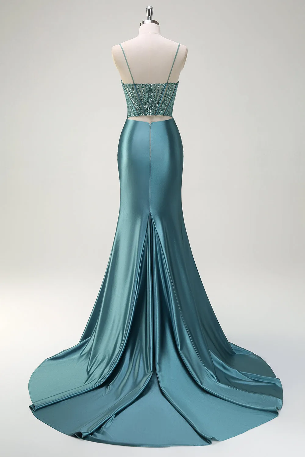 Sparkly Dusty Green Mermaid Spaghetti Straps Beaded Long Prom Dress with Slit sold by Zapaka product image thumbnail 2