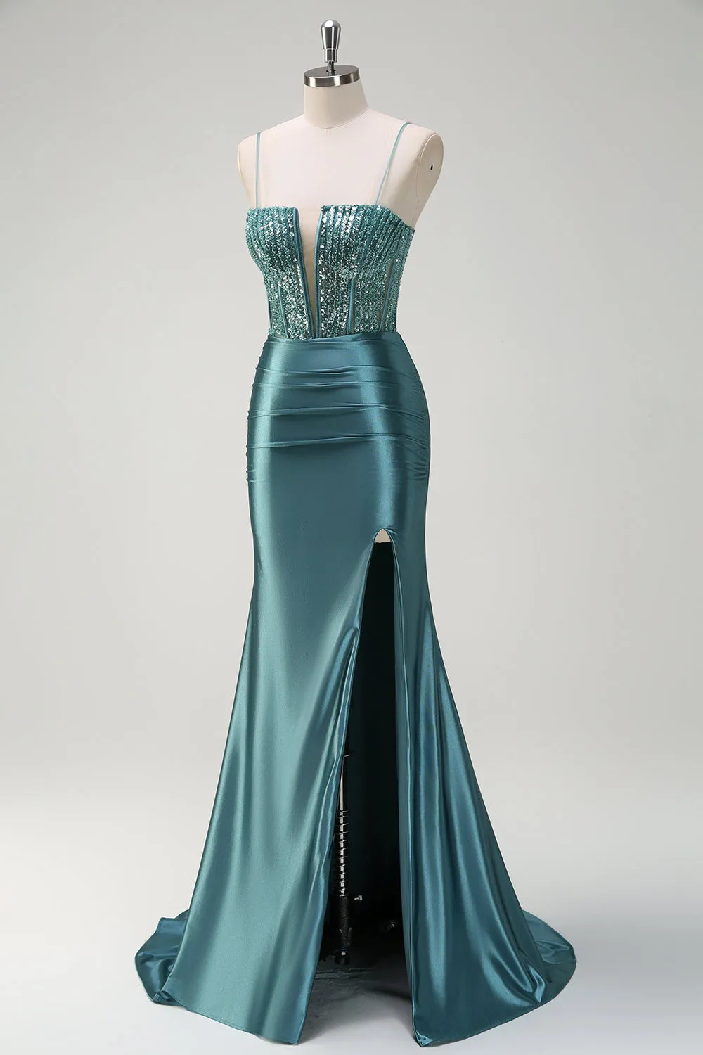 Sparkly Dusty Green Mermaid Spaghetti Straps Beaded Long Prom Dress with Slit sold by Zapaka product image thumbnail 3