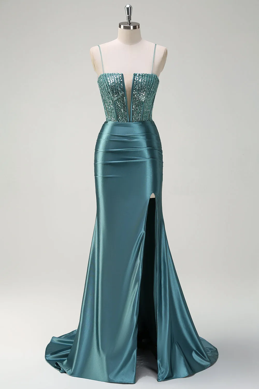 Sparkly Dusty Green Mermaid Spaghetti Straps Beaded Long Prom Dress with Slit sold by Zapaka