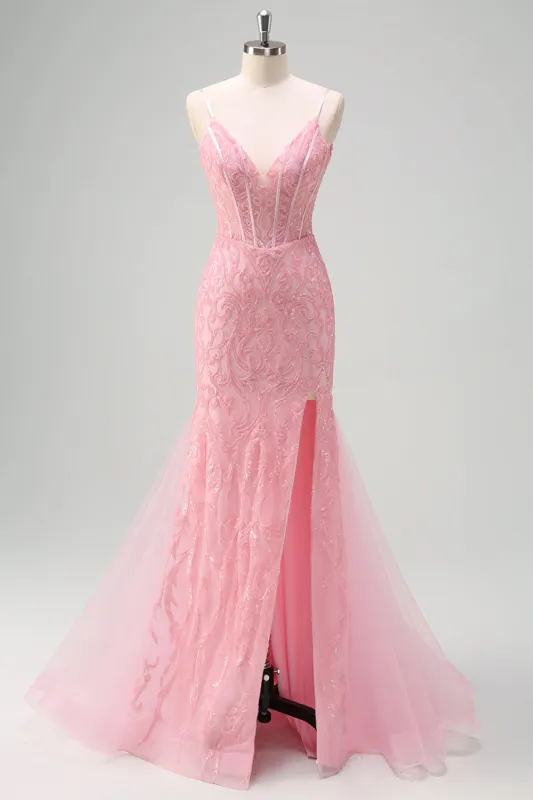 Sparkly Light Pink Mermaid V-Neck Corset Sequin Prom Dress with Slit sold by Zapaka