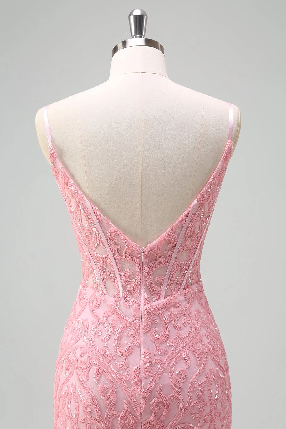 Sparkly Light Pink Mermaid V-Neck Corset Sequin Prom Dress with Slit sold by Zapaka product image thumbnail 5