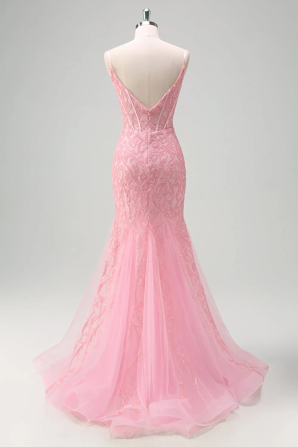 Sparkly Light Pink Mermaid V-Neck Corset Sequin Prom Dress with Slit sold by Zapaka product image thumbnail 2