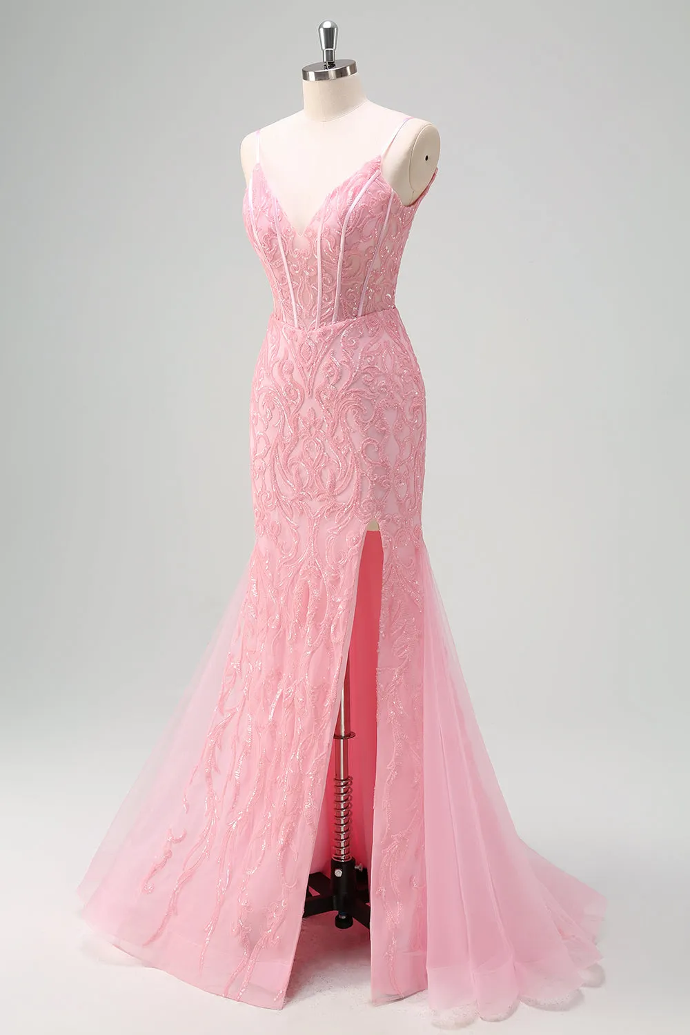 Sparkly Light Pink Mermaid V-Neck Corset Sequin Prom Dress with Slit sold by Zapaka product image thumbnail 3