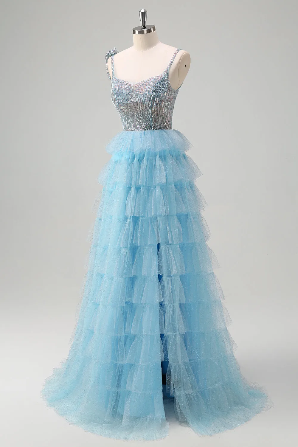 Sparkly Light Blue A-Line Ruffled Beaded Prom Dress with Slit sold by Zapaka product image thumbnail 3