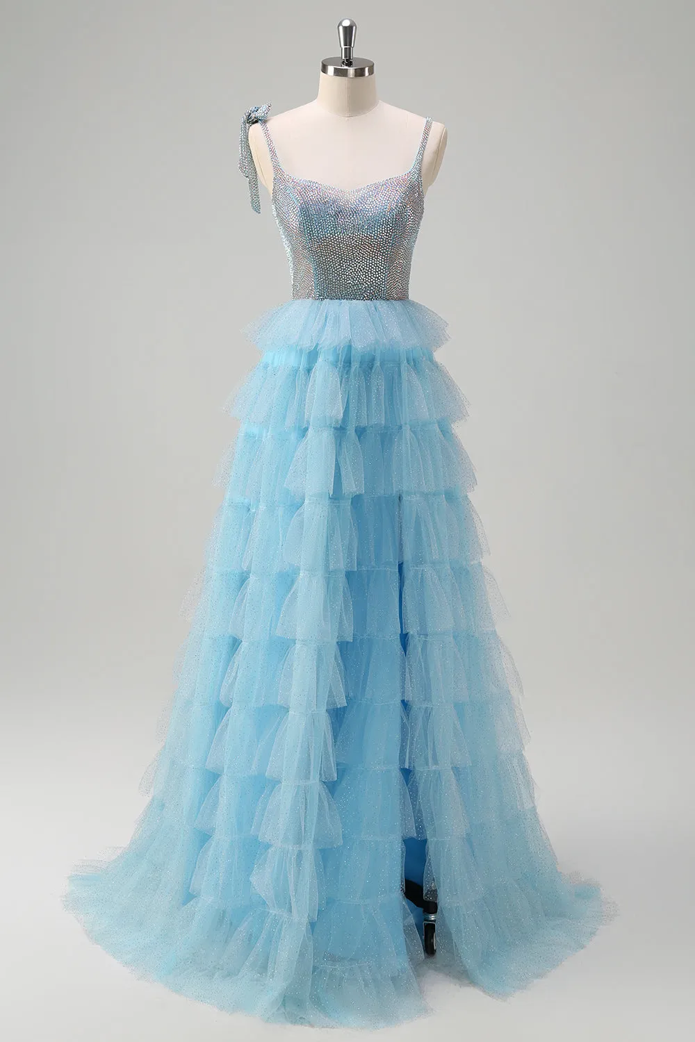 Sparkly Light Blue A-Line Ruffled Beaded Prom Dress with Slit sold by Zapaka