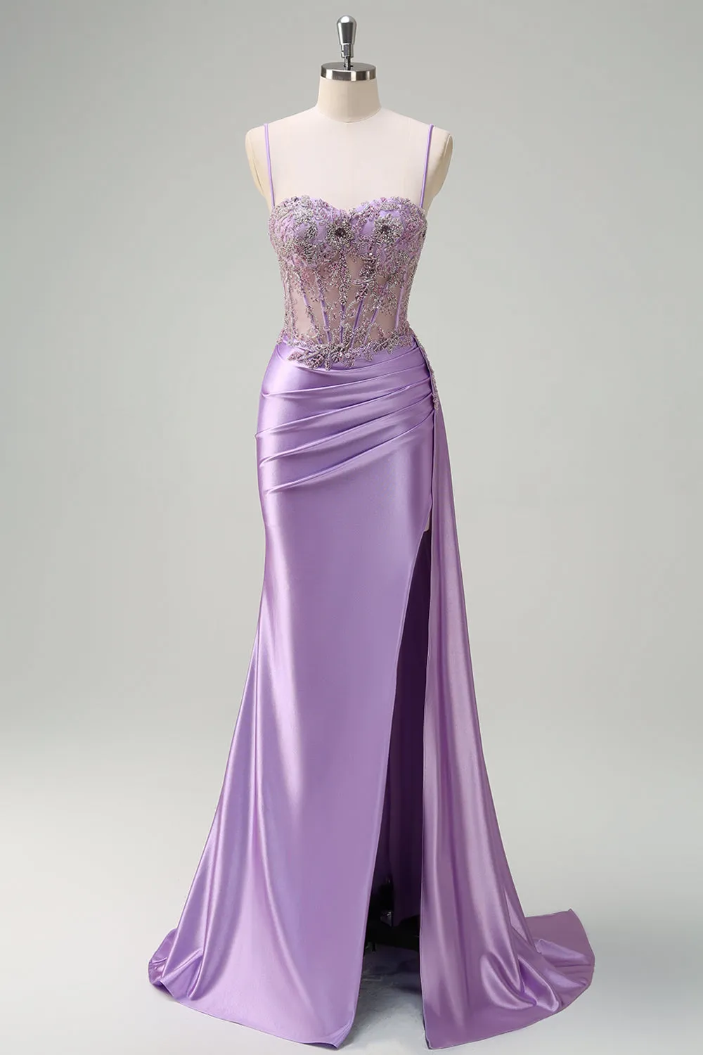 Sparkly Purple Mermaid Watteau Train Sheer Ruched Corset Long Prom Dress with Slit sold by Zapaka