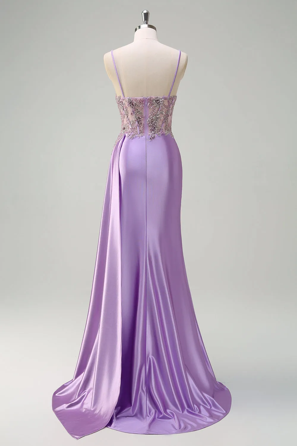 Sparkly Purple Mermaid Watteau Train Sheer Ruched Corset Long Prom Dress with Slit sold by Zapaka product image thumbnail 2