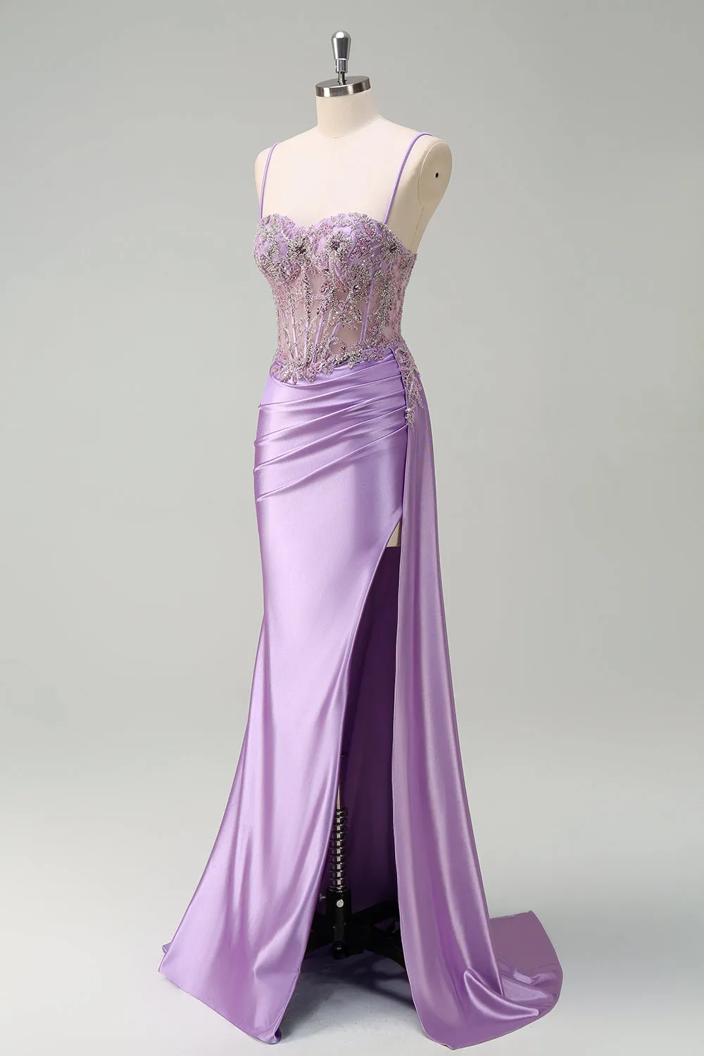 Sparkly Purple Mermaid Watteau Train Sheer Ruched Corset Long Prom Dress with Slit sold by Zapaka product image thumbnail 3