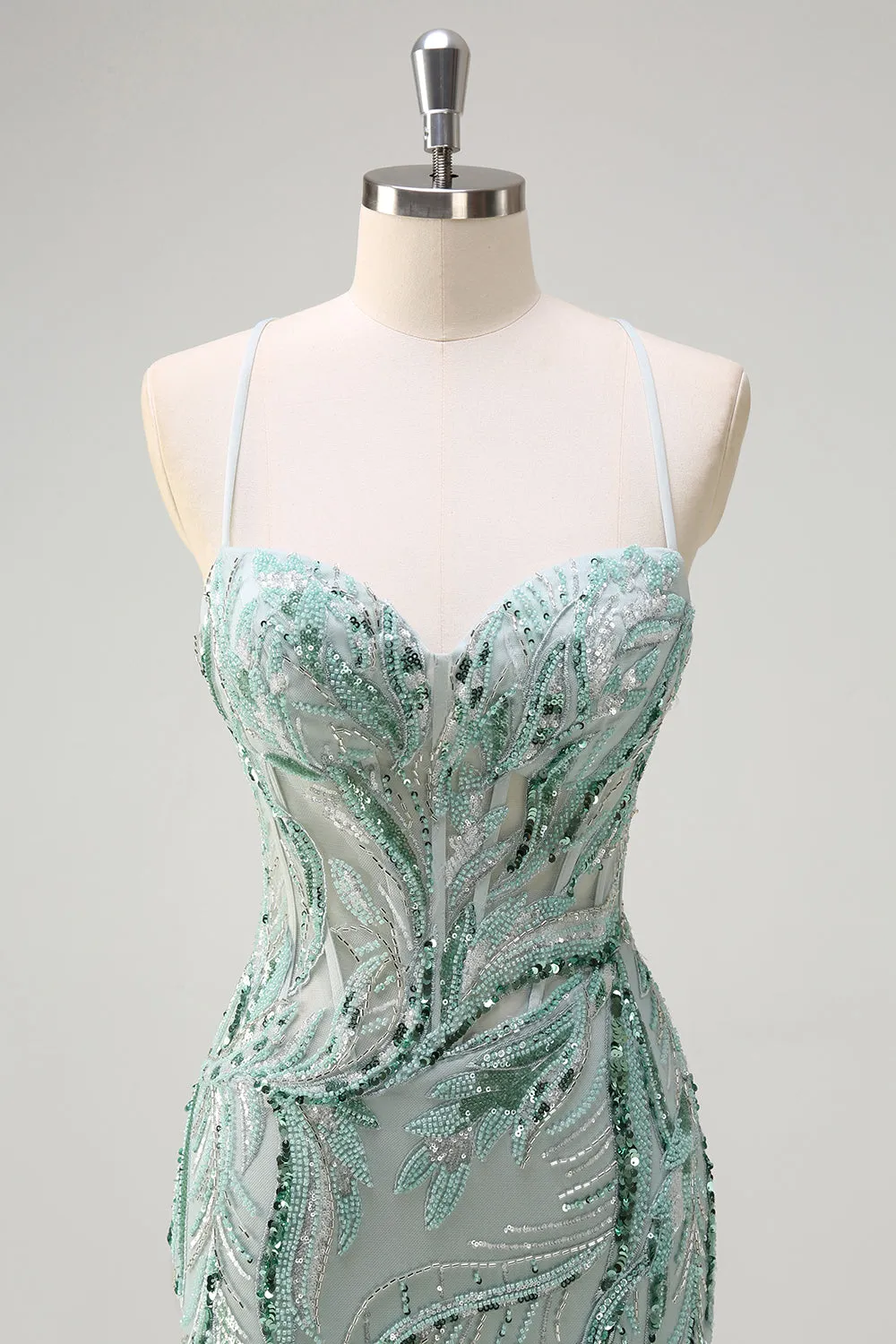 Sparkly Sage Spaghetti Straps Mermaid Long Sequin Prom Dress with Slit sold by Zapaka product image thumbnail 4