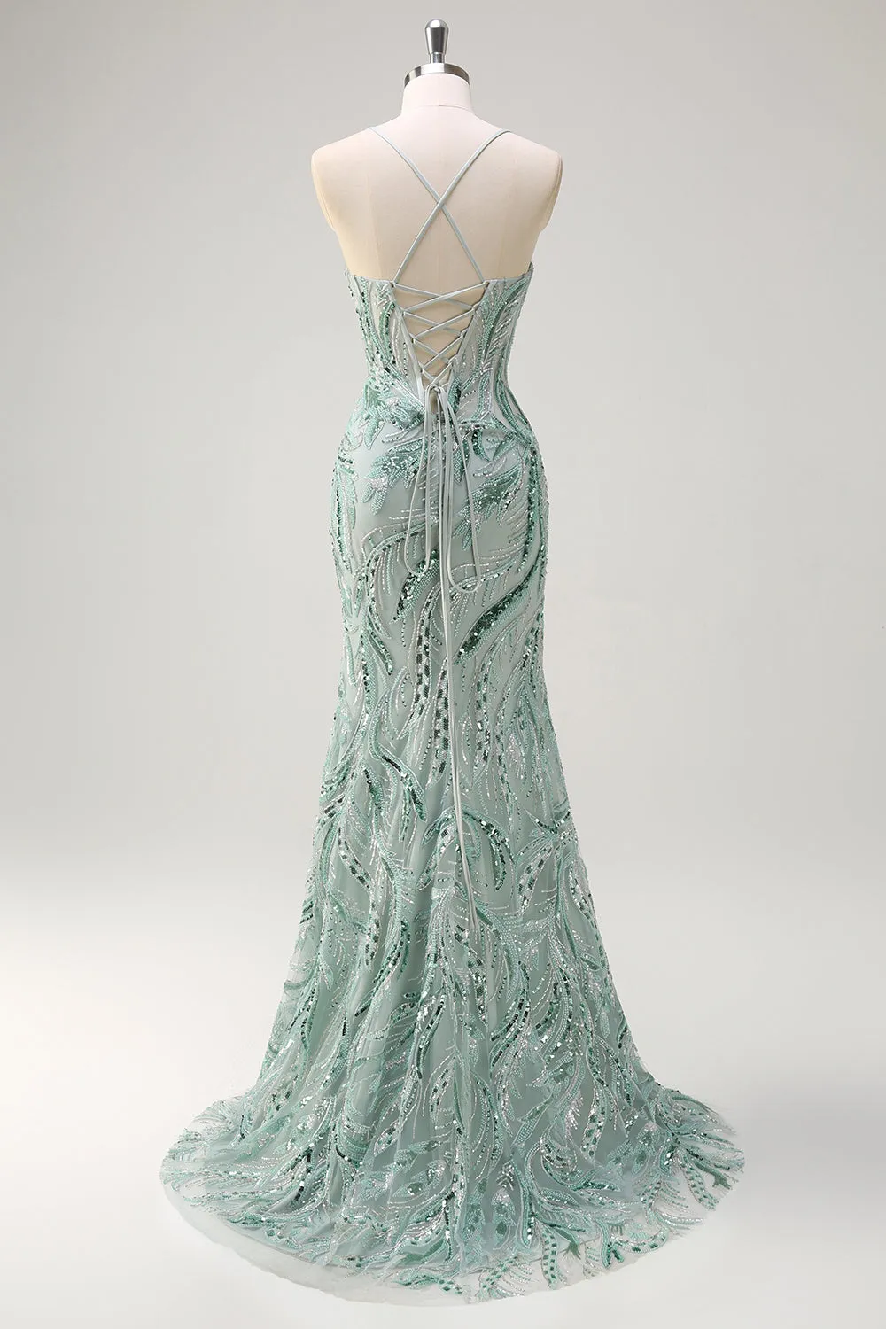 Sparkly Sage Spaghetti Straps Mermaid Long Sequin Prom Dress with Slit sold by Zapaka product image thumbnail 2