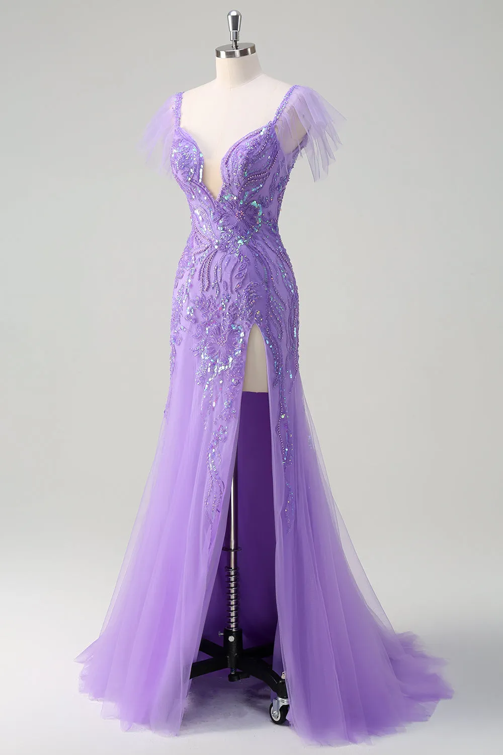 Sparkly Purple Tulle Mermaid Off the Shoulder Sequin Prom Dress with Slit sold by Zapaka product image thumbnail 3